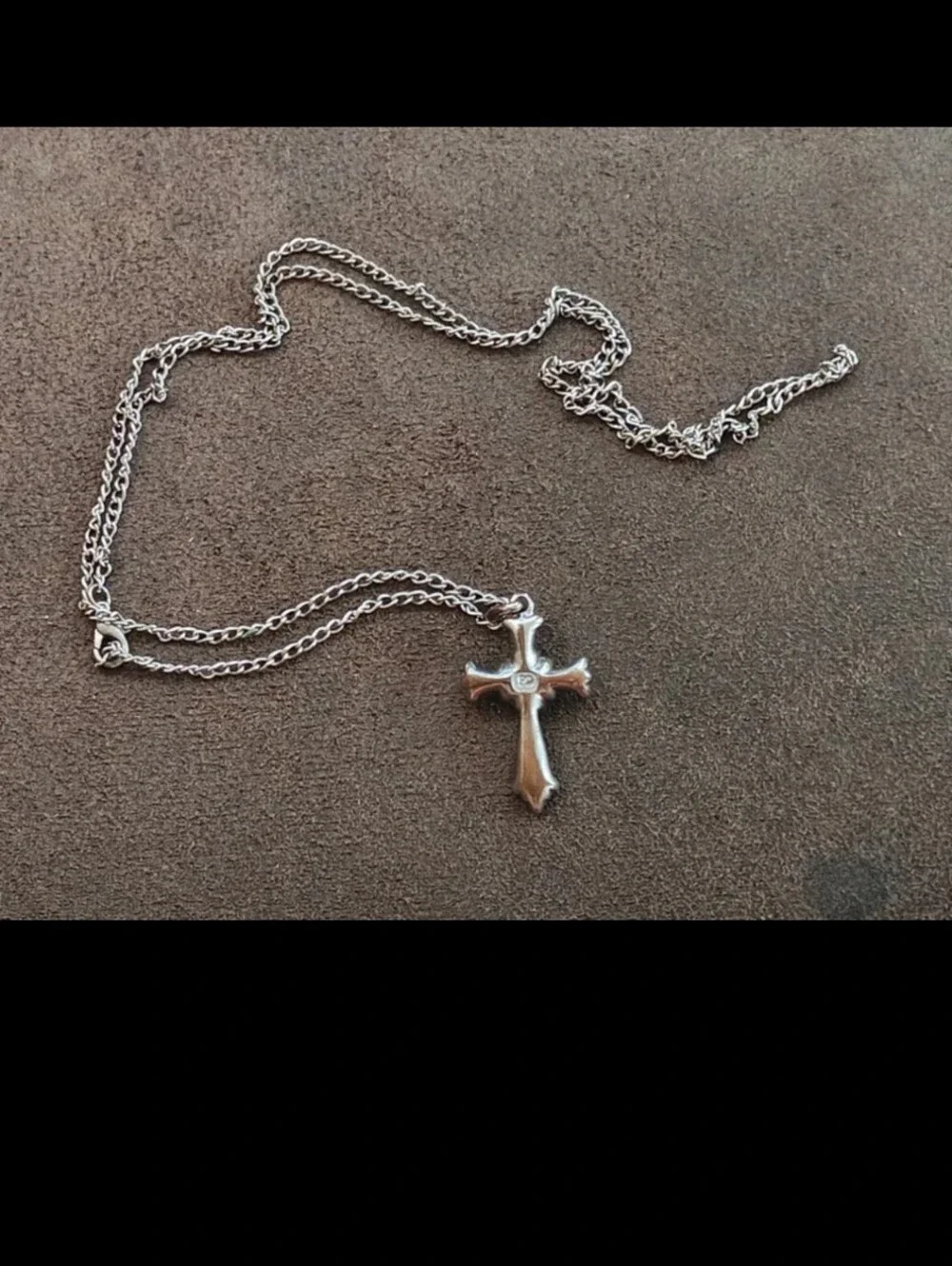 1990s Filigree With Aurora Borealis Rhinestones Silver Tone Cross Necklace